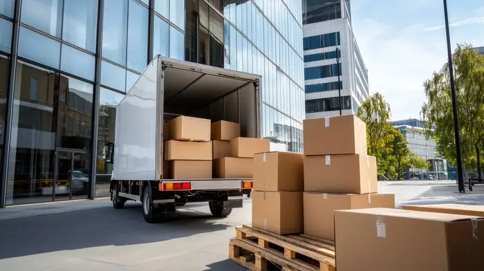 Office removal van outside commercial building